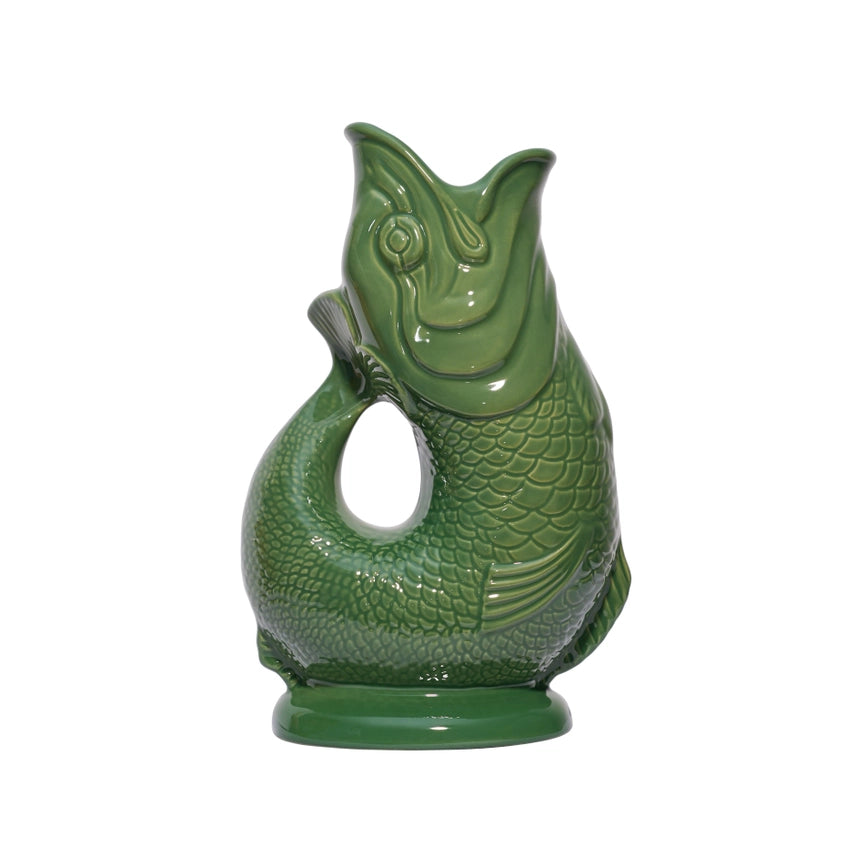 An authentic Extra Large Green ceramic fish-shaped Gluggle Jug pitcher, standing on a clean white background.