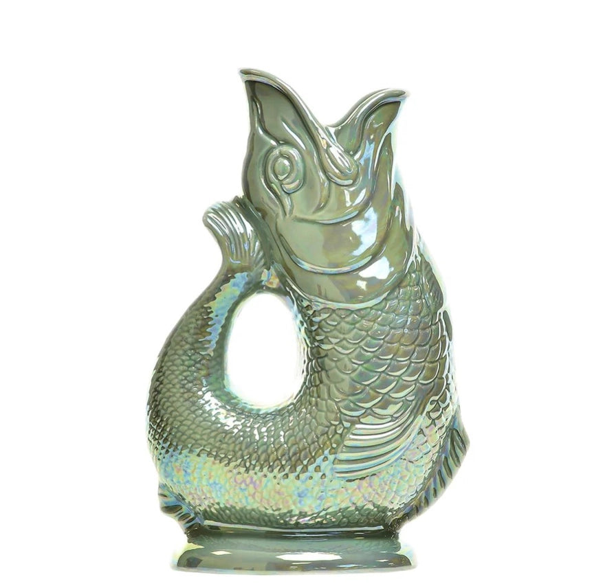 An authentic Extra Large Sage Lustre ceramic fish-shaped Gluggle Jug pitcher with an iridescent pearlescent finish, standing on a clean white background.