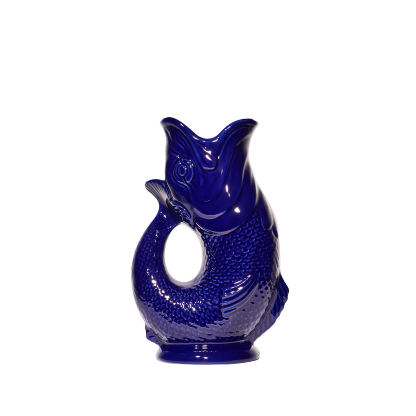 An authentic Large Cobalt Blue ceramic fish-shaped Gluggle Jug pitcher, standing on a clean white background.