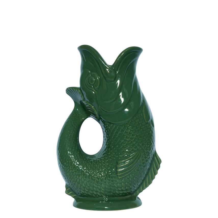 An authentic Large Green ceramic fish-shaped Gluggle Jug pitcher, standing on a clean white background.