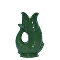 An authentic Large Green ceramic fish-shaped Gluggle Jug pitcher, standing on a clean white background.