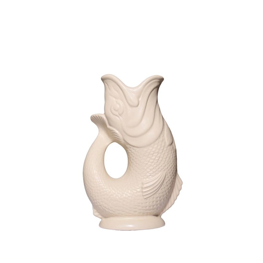 An authentic Large Matte Sand ceramic fish-shaped Gluggle Jug pitcher, standing on a clean white background.