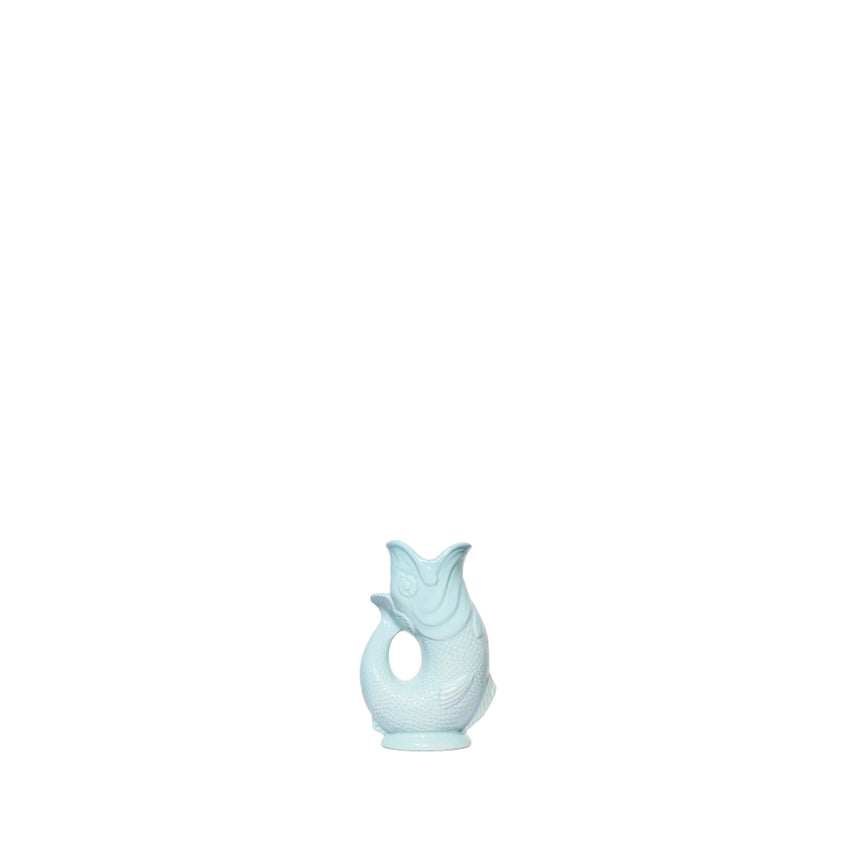 An authentic Mini Eau De Nil ceramic fish-shaped Gluggle Jug pitcher, standing on a clean white background.