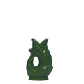 An authentic Mini Green ceramic fish-shaped Gluggle Jug pitcher, standing on a clean white background.