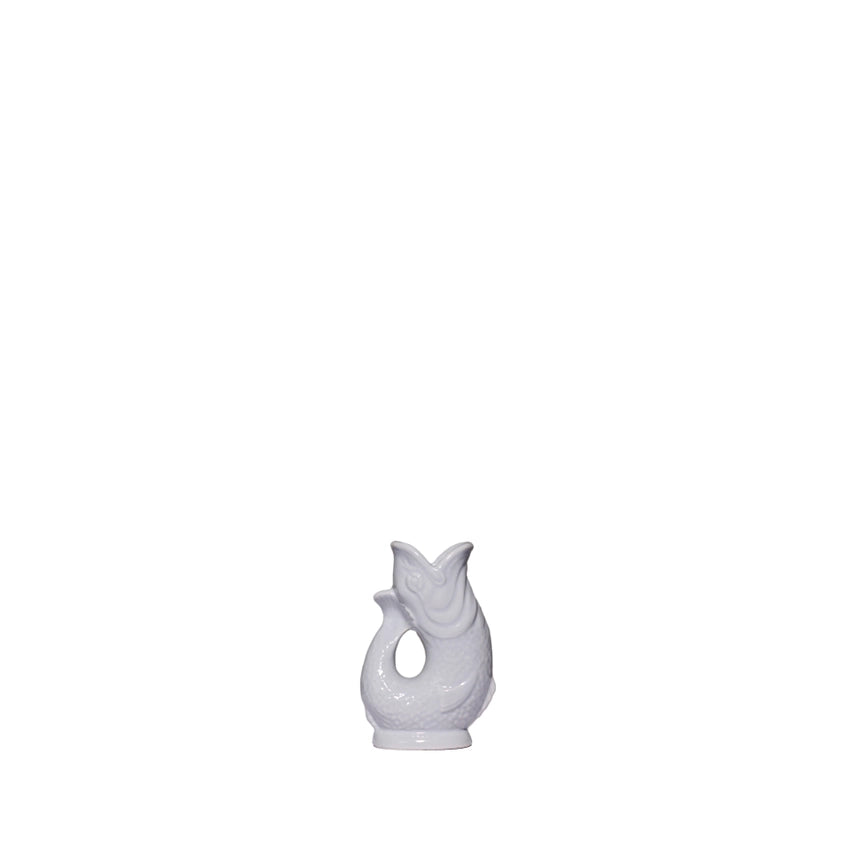 An authentic Mini Oyster ceramic fish-shaped Gluggle Jug pitcher, standing on a clean white background.