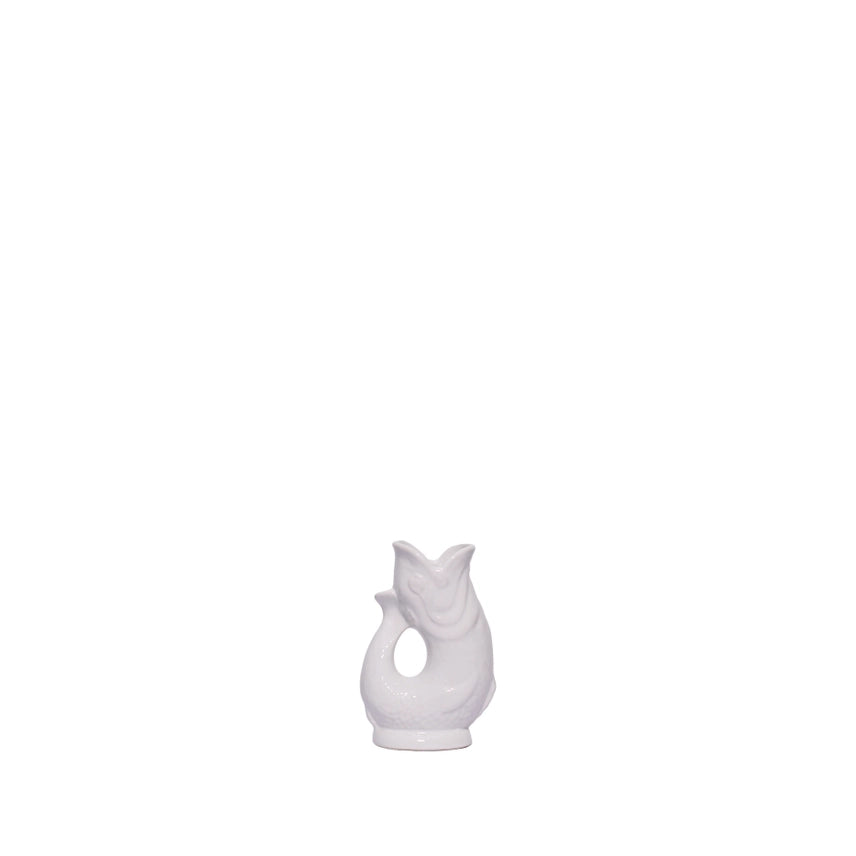 An authentic Mini White ceramic fish-shaped Gluggle Jug pitcher, standing on a clean white background.