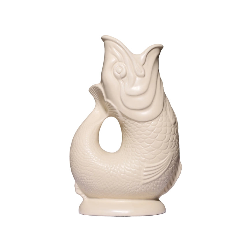 An authentic Extra Large Matte Sand ceramic fish-shaped Gluggle Jug pitcher, standing on a clean white background.