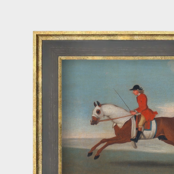 Detailed view of the archival linen-textured paper and hand-finished vintage frame for the James Seymour horse portrait.