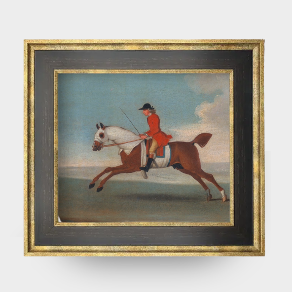 The Paddock No. 02 - Framed 18th-century horse racing print by James Seymour, chestnut racehorse and trainer in red coat.