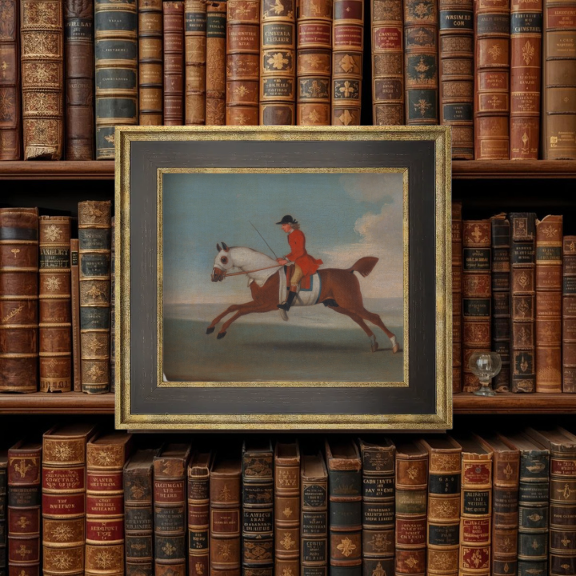 Traditional English sporting art styled in a dark-walled library with antique brass accents.