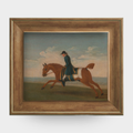 A reproduction of a chestnut racehorse with a trainer in a blue coat, framed in natural English pine.