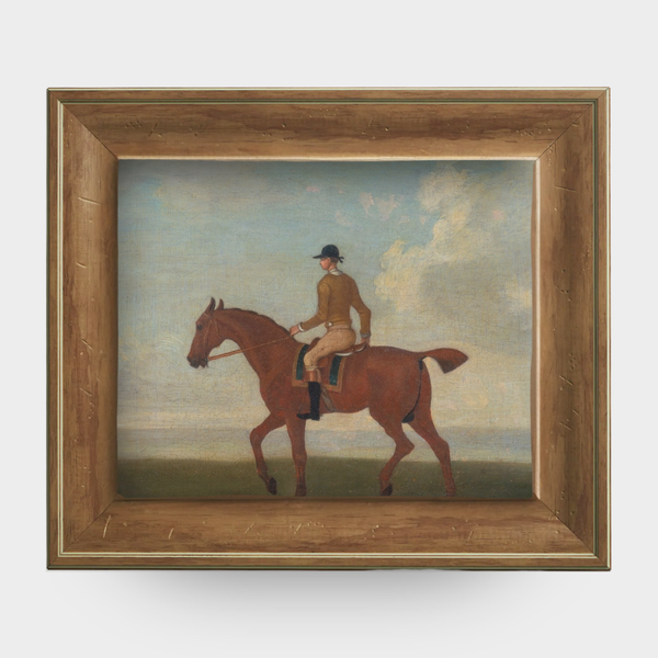 18th-century equestrian portrait of a chestnut horse and jockey in an English pine frame.