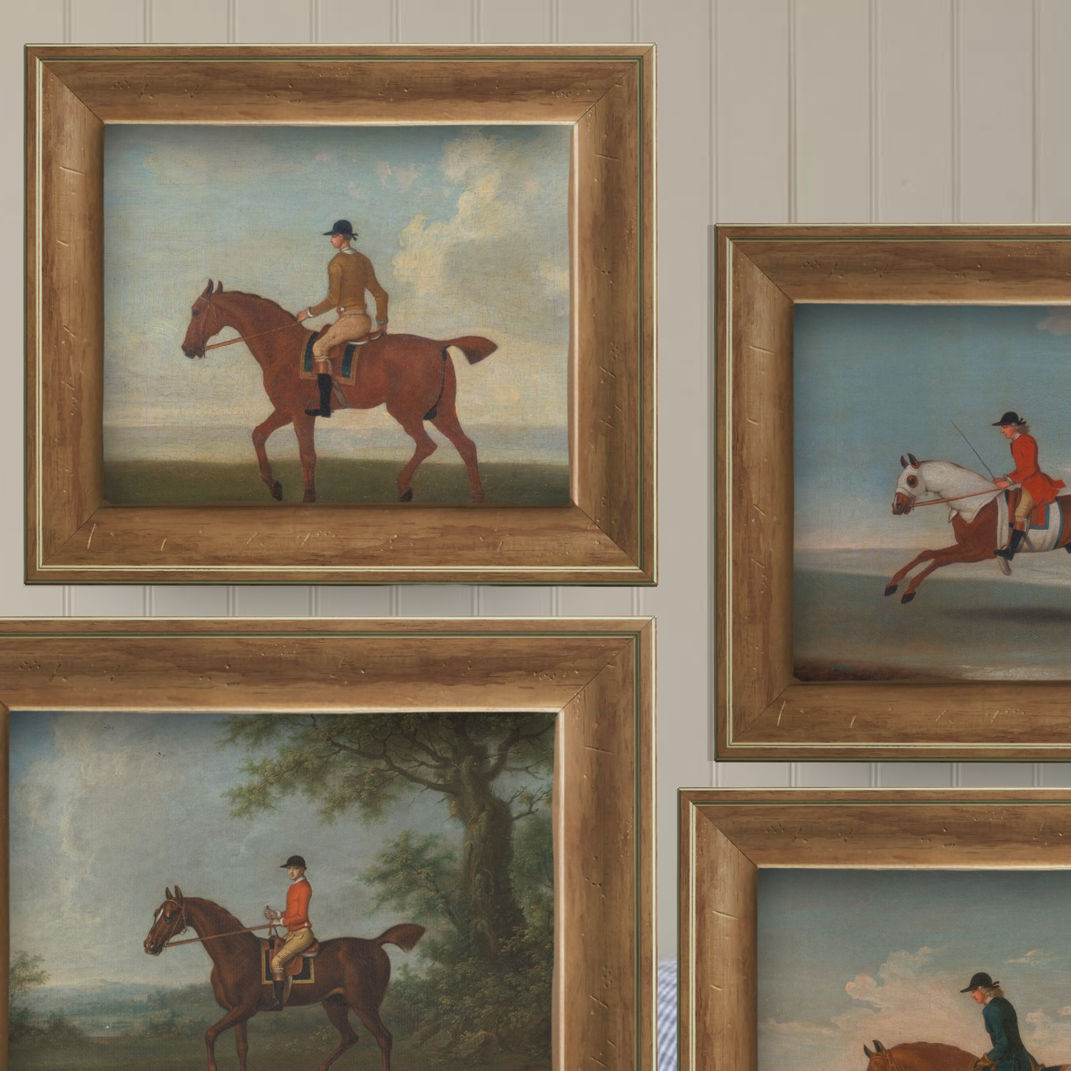 A framed horse portrait in English pine styled on a cozy gallery wall