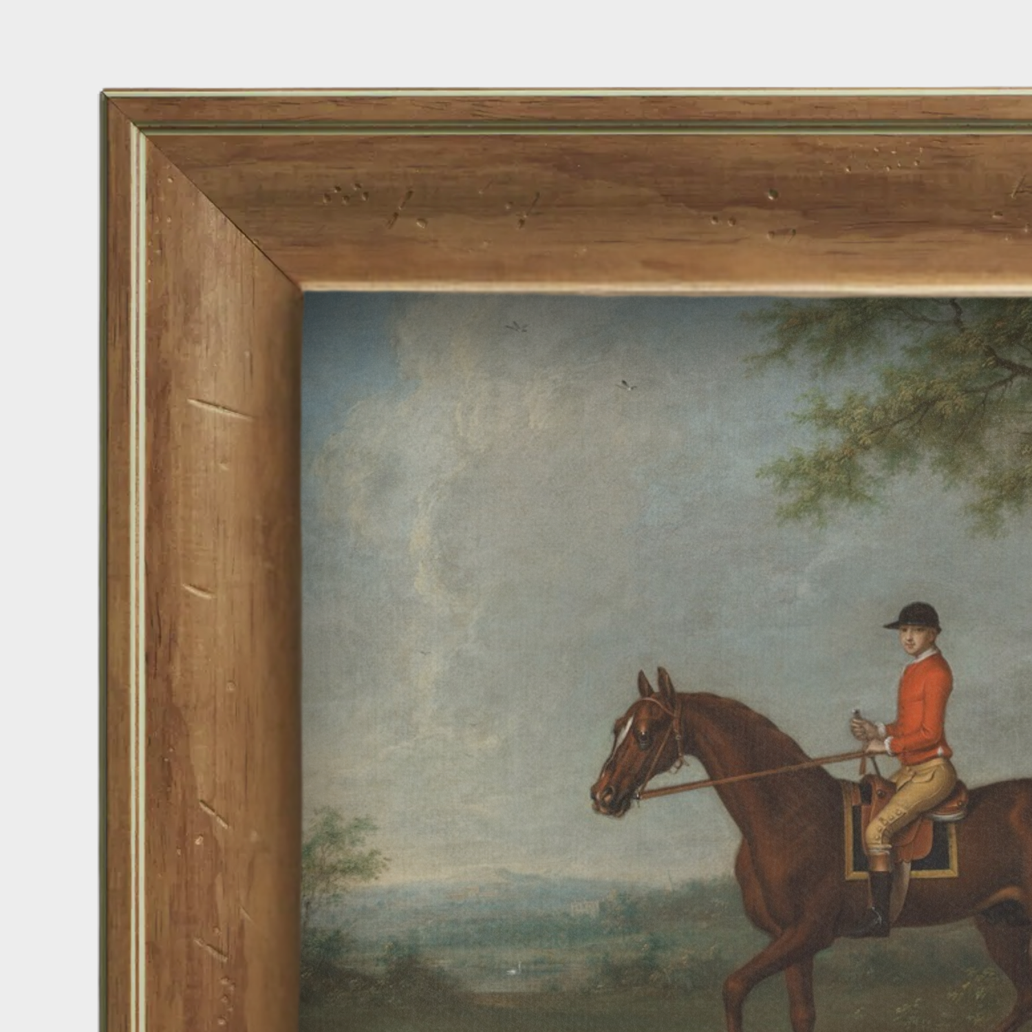 Close-up of the natural pine wood grain and the fine linen canvas texture of the Sedbury portrait.