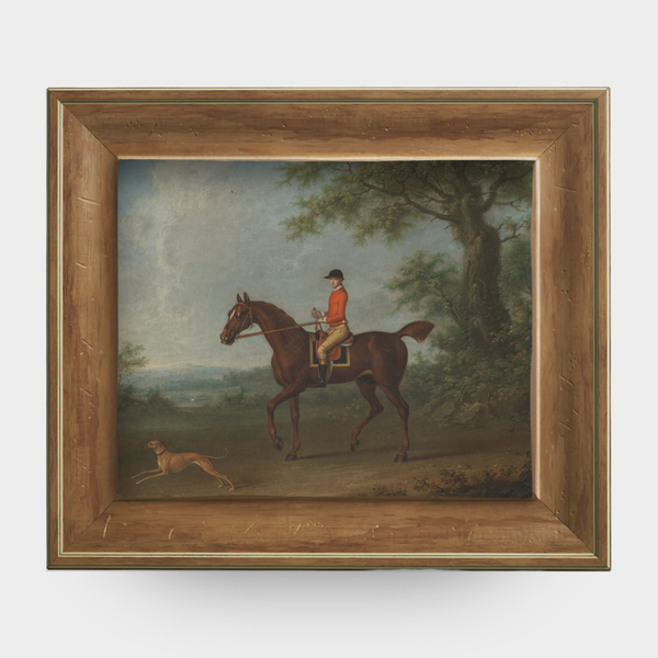 A framed oil painting reproduction of Sedbury the horse and a greyhound in an English pine frame.