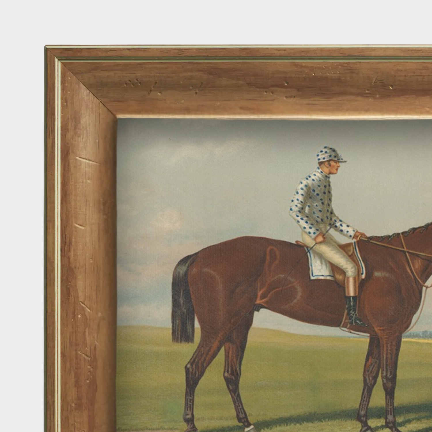 Close-up detail of the English pine wood grain and the authentic linen canvas texture on the Foxhall portrait.