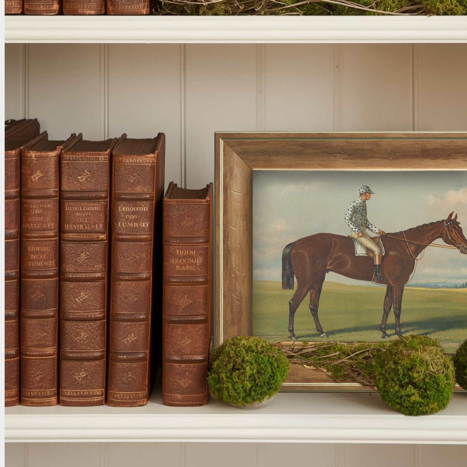 American equestrian art in an English pine frame styled on a shelf with antique leather books