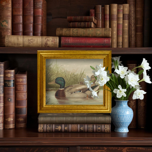 Moody lakeside lodge decor featuring The Waterfowl No. 01 print styled in a traditional home setting.