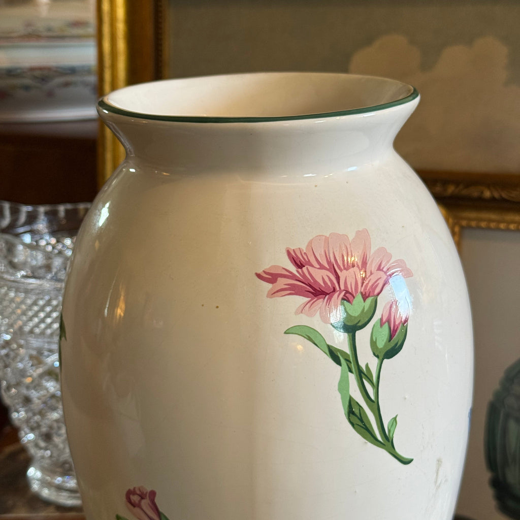 White vintage Tiffany & Co. Sintra porcelain vase with hand-painted pink and yellow flowers, made in Portugal up close