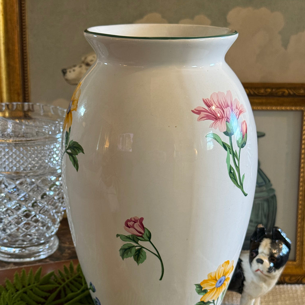 White vintage Tiffany & Co. Sintra porcelain vase with hand-painted pink and yellow flowers, made in Portugal
